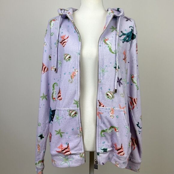 Hill House Allie Zip Up Hoodie Sweatshirt Sea Creatures Terry Purple Small NWT - Picture 8 of 10